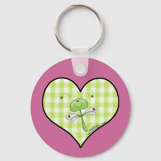 Dragon Fly in green gingham heart Keychain (Front)