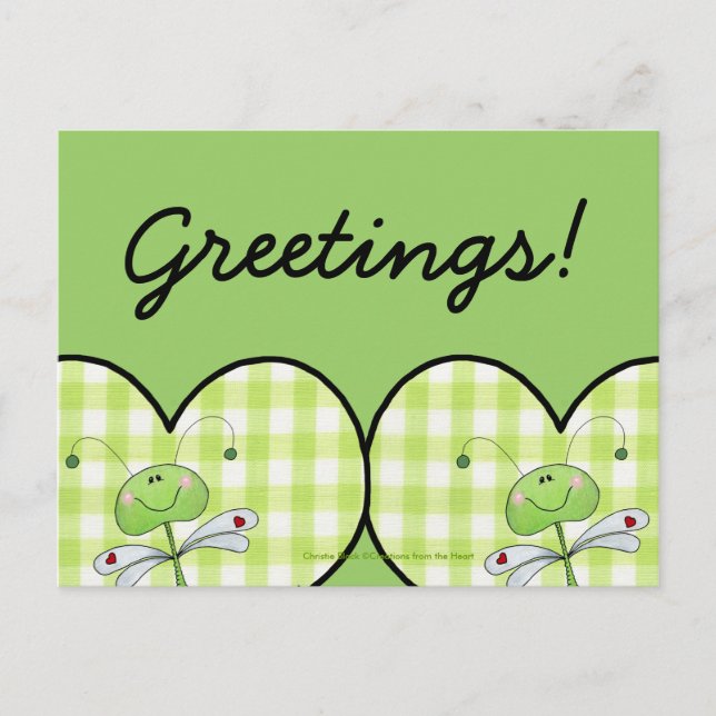 Dragon Fly in green gingham heart Postcard (Front)