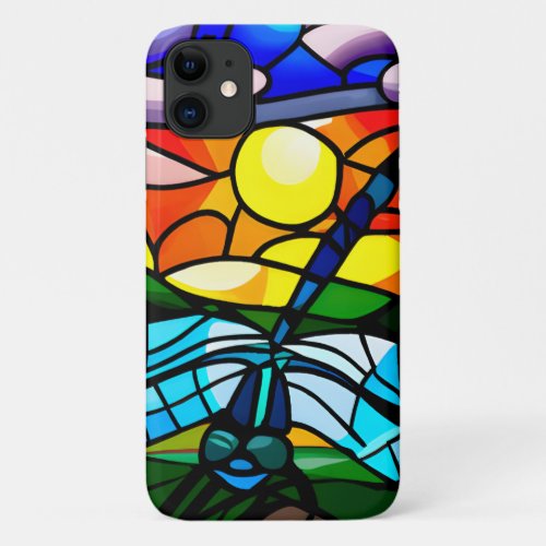 Dragon Fly  Sunset Stained Glass Look AI Art iPhone 11 Case