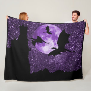 Dragon flying, fantasy purple sky castle,full moon fleece blanket
