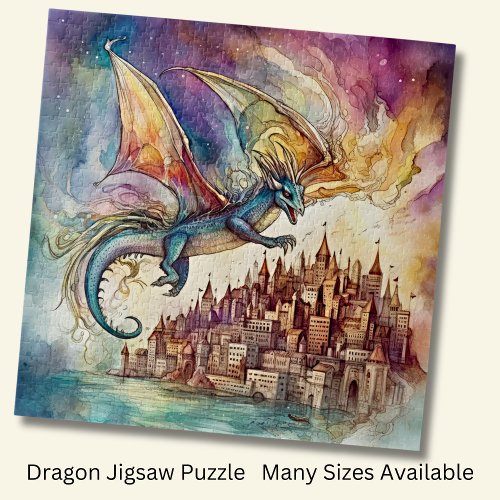 Dragon Flying Over City Watercolor  Jigsaw Puzzle