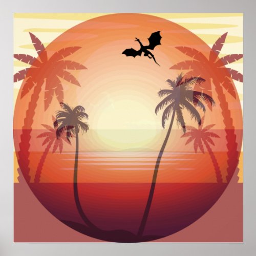 Dragon flying over tropical island at sunset   poster
