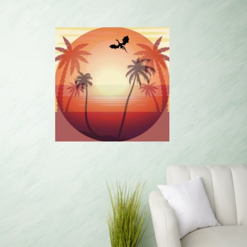 Dragon flying over tropical island at sunset wall decal 