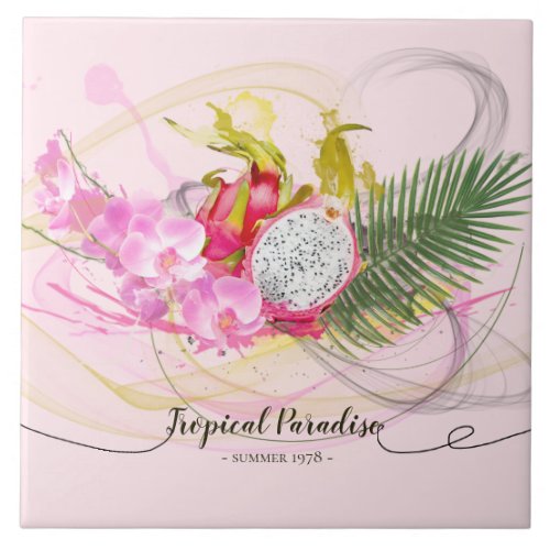 Dragon Fruit and Pink Orchid Tropical Calligraphy Ceramic Tile