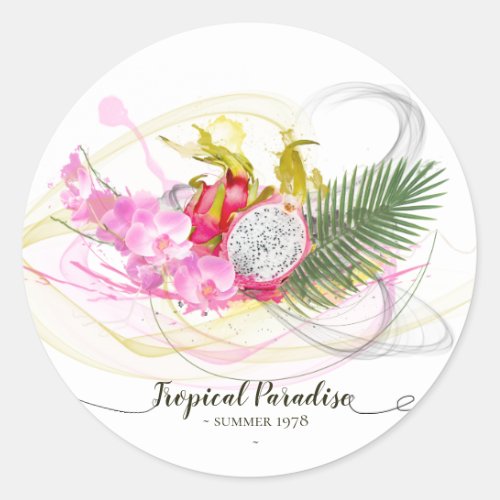 Dragon Fruit and Pink Orchid Tropical Calligraphy Classic Round Sticker