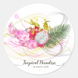 Dragon Fruit and Pink Orchid Tropical Calligraphy Classic Round Sticker