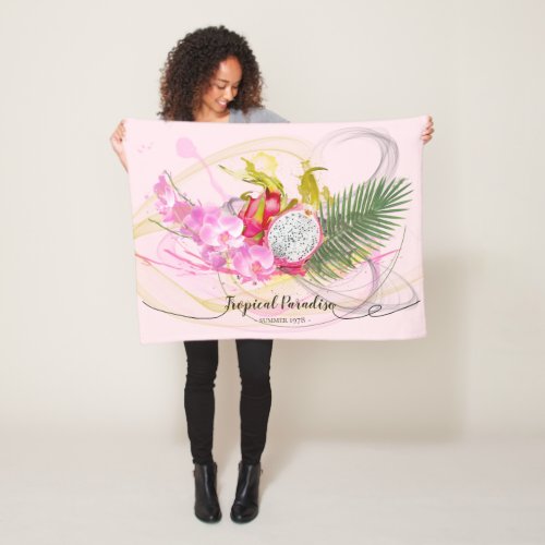Dragon Fruit and Pink Orchid Tropical Calligraphy Fleece Blanket