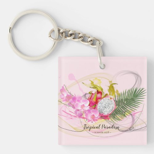 Dragon Fruit and Pink Orchid Tropical Calligraphy Keychain