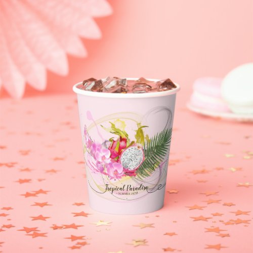 Dragon Fruit and Pink Orchid Tropical Calligraphy Paper Cups