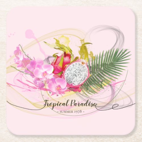 Dragon Fruit and Pink Orchid Tropical Calligraphy Square Paper Coaster