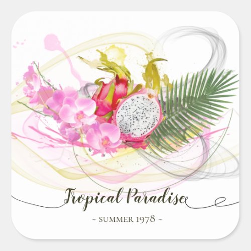 Dragon Fruit and Pink Orchid Tropical Calligraphy Square Sticker