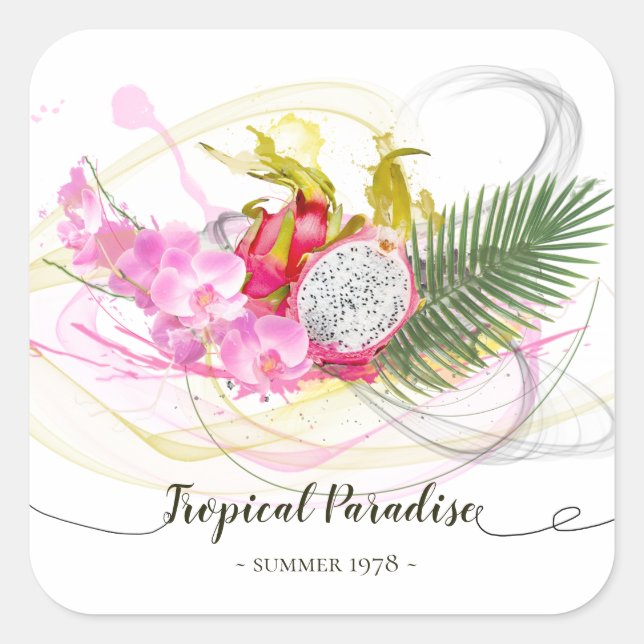 Dragon Fruit and Pink Orchid Tropical Calligraphy Square Sticker (Front)