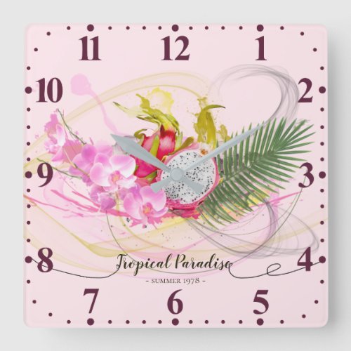 Dragon Fruit and Pink Orchid Tropical Calligraphy Square Wall Clock