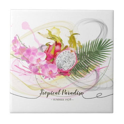 Dragon Fruit and Pink Orchid Tropical Calligraphy Tile