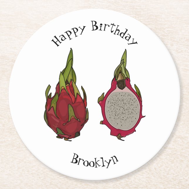 Dragon fruit cartoon illustration round paper coaster (Front)