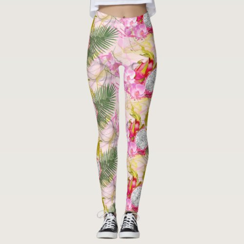 Dragon Fruit Pink Orchid and Palm Leaf Tropical Leggings