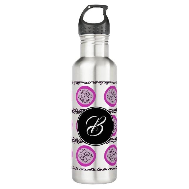 Dragon Fruit Purple Doodles Monogram Stainless Steel Water Bottle (Front)
