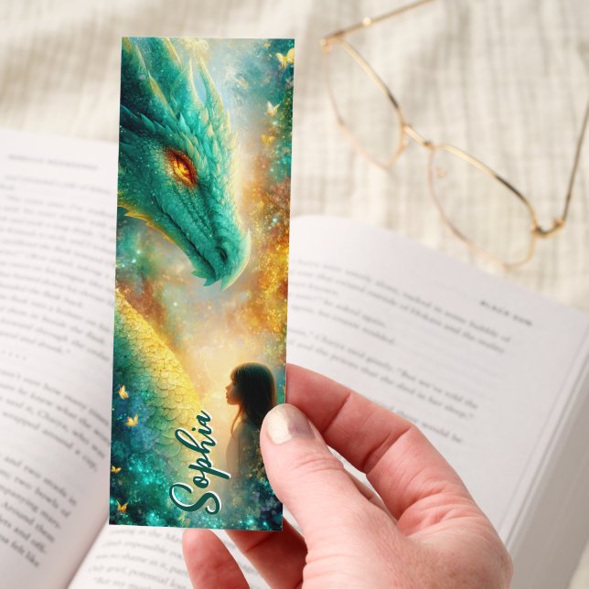 Dragon Girl Glowing Forest Fantasy Personalized Bookmarks (Hand)