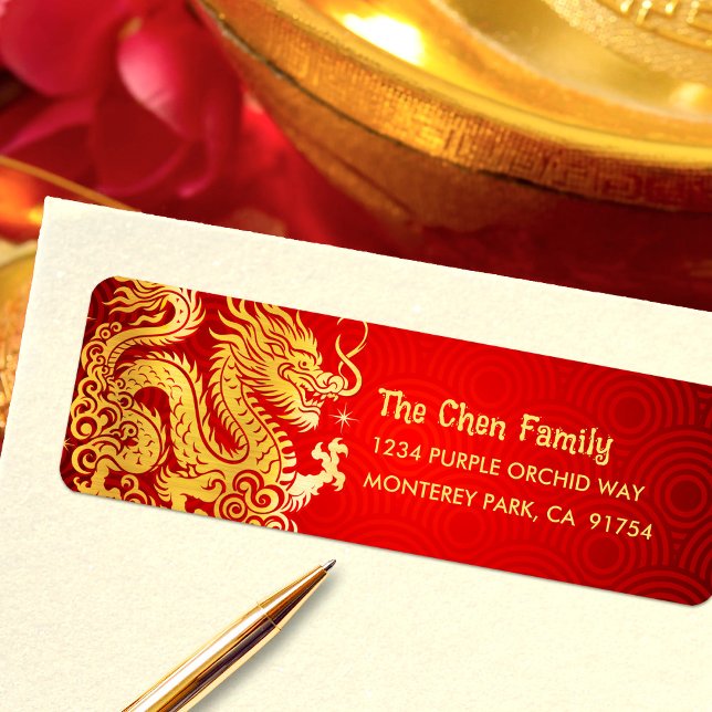 Dragon Gold Foil Chinese Lunar New Year 2024 Red Label (LINK FOR 2026 YEAR OF THE HORSE: www.zazzle.com/collections/119527212422228266)