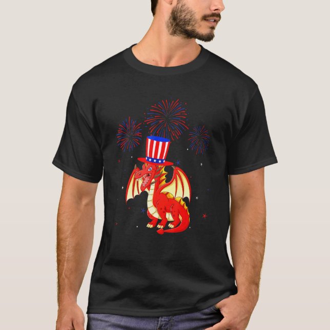 Dragon Graphic Red White Blue Fireworks Decor 4th  T-Shirt (Front)