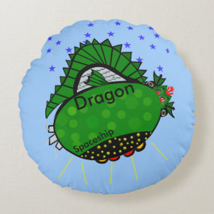 Dragon Green Spaceship Stars Kids Round Pillow