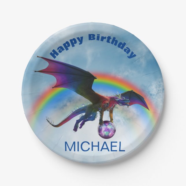 Dragon Happy Birthday name Rainbow Fantasy P Paper Plates (Front)