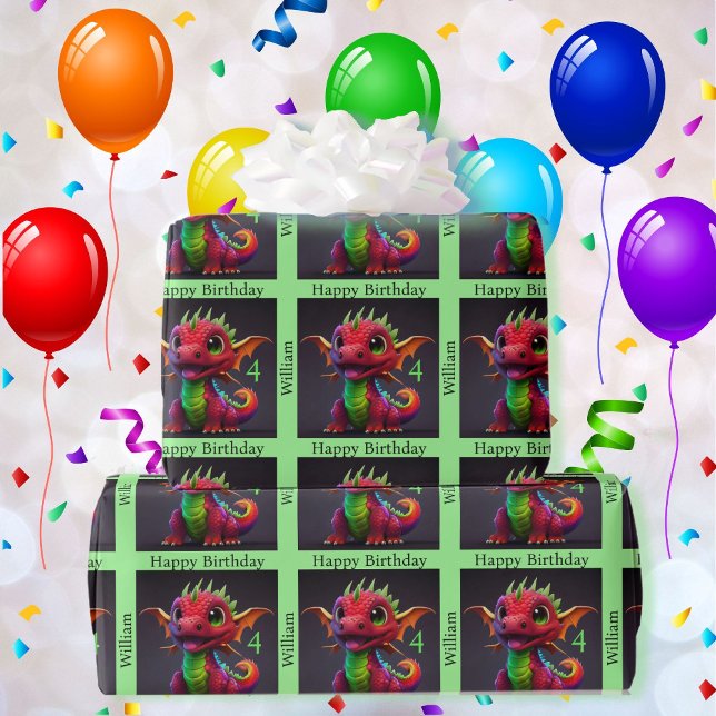 Dragon Happy Birthday Personalize Child's Name Wrapping Paper (Creator Uploaded)