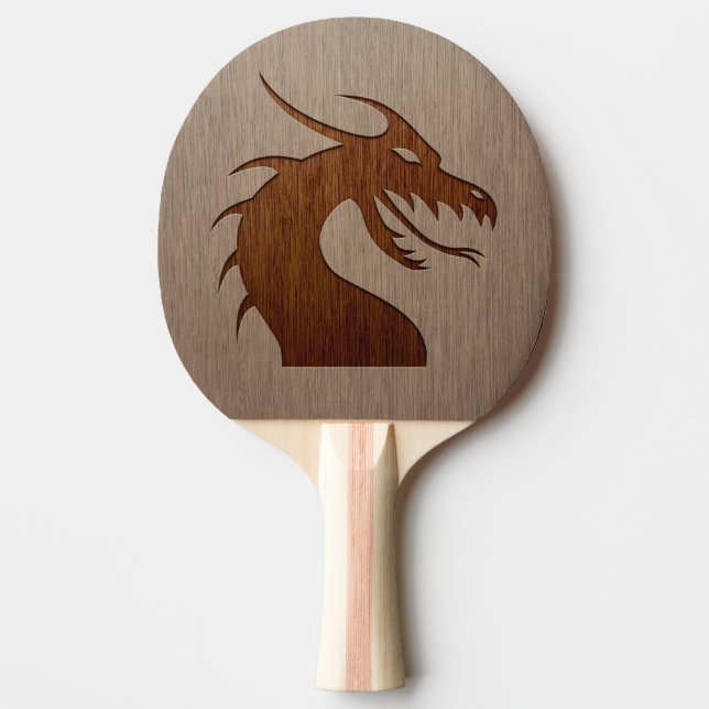 Dragon head engraved on wood effect Ping-Pong paddle (Front)