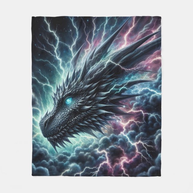 Dragon Head in a Thunderstorm with Lightning Fleece Blanket (Front)