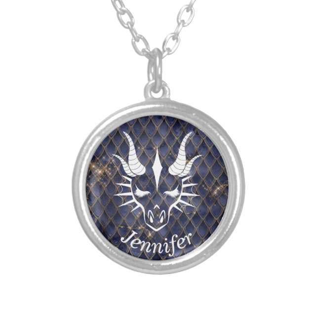 Dragon Head on a Blue Dragon Scale Background Silver Plated Necklace (Front)