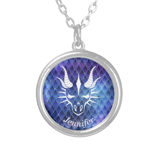 Dragon Head on a Blue Dragon Scale Background Silver Plated Necklace (Front)