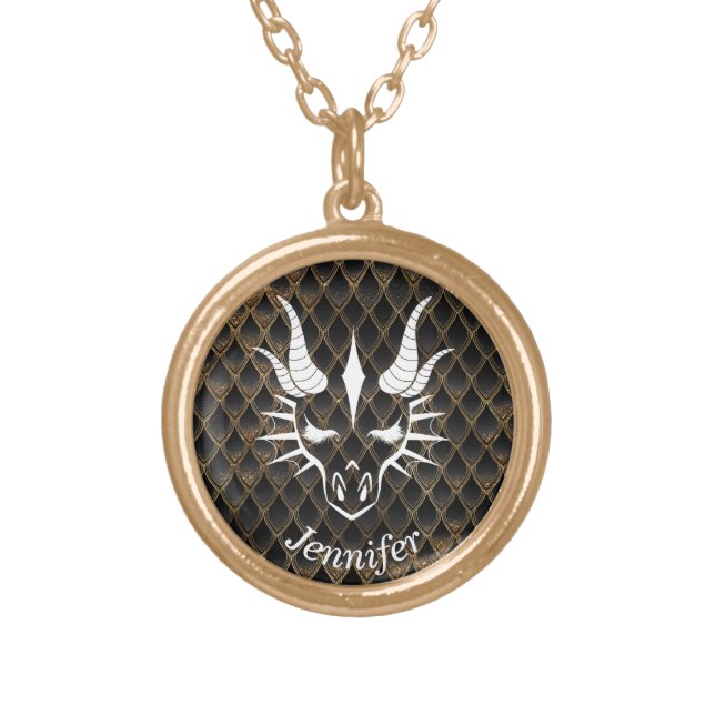 Dragon Head on a Brown Dragon Scale Background Gold Plated Necklace (Front)