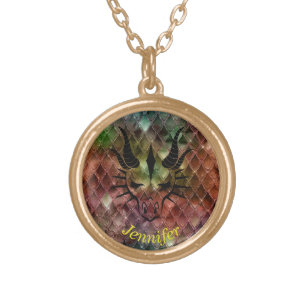 Dragon Head on a colourful Dragon Scale Background Gold Plated Necklace