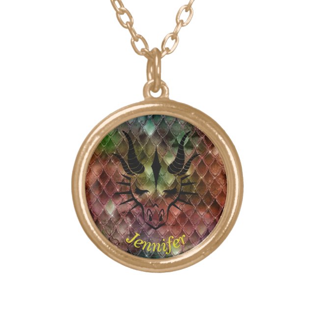 Dragon Head on a colourful Dragon Scale Background Gold Plated Necklace (Front)