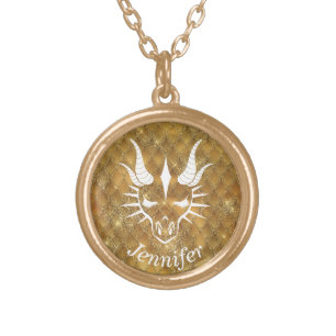 Dragon Head on a Gold Dragon Scale Background Gold Plated Necklace