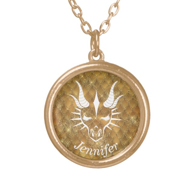 Dragon Head on a Gold Dragon Scale Background Gold Plated Necklace (Front)