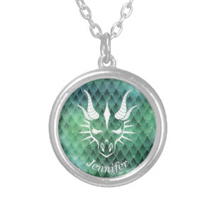 Dragon Head on a Green Dragon Scale Background Silver Plated Necklace
