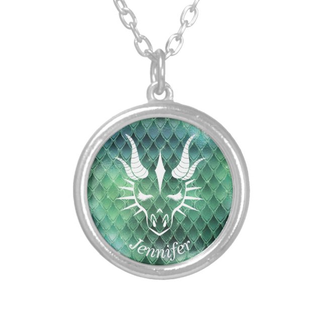 Dragon Head on a Green Dragon Scale Background Silver Plated Necklace (Front)
