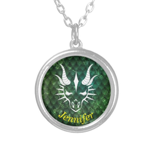 Dragon Head on a Green Dragon Scale Background Silver Plated Necklace (Front)