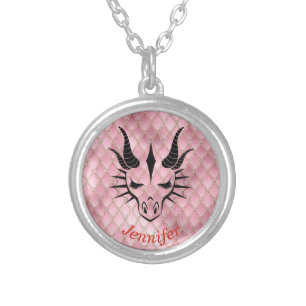 Dragon Head on a Pink Dragon Scale Background Silver Plated Necklace