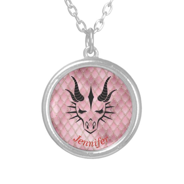 Dragon Head on a Pink Dragon Scale Background Silver Plated Necklace (Front)