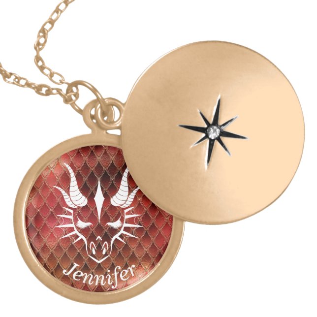 Dragon Head on a Red Dragon Scale Background Gold Plated Necklace (Front)