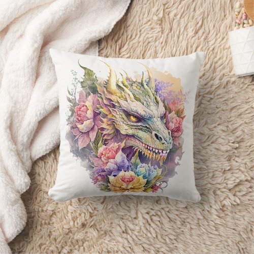 Dragon Head with Flowers Throw Pillow