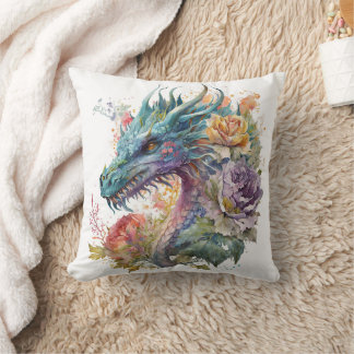 Dragon Head with Flowers Throw Pillow