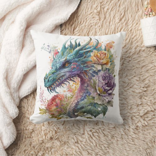 Dragon Head with Flowers Throw Pillow