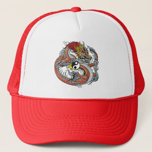 dragon holding yin yang trucker hat