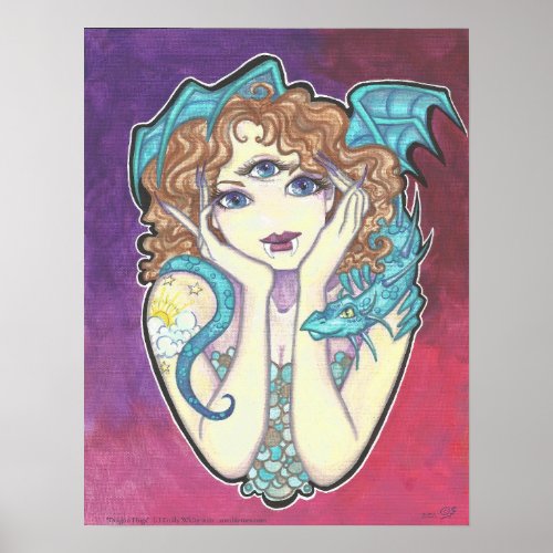 Dragon Hugs 3 eyed Fairy Nymph Fantasy Art Poster