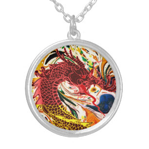 Dragon in a Blaze of Color Silver Plated Necklace
