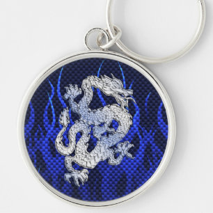 Dragon in Chrome like blue Carbon Fiber Style Keychain