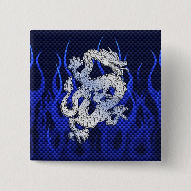 Dragon in Chrome like blue Carbon Fiber Style Pinback Button (Front)